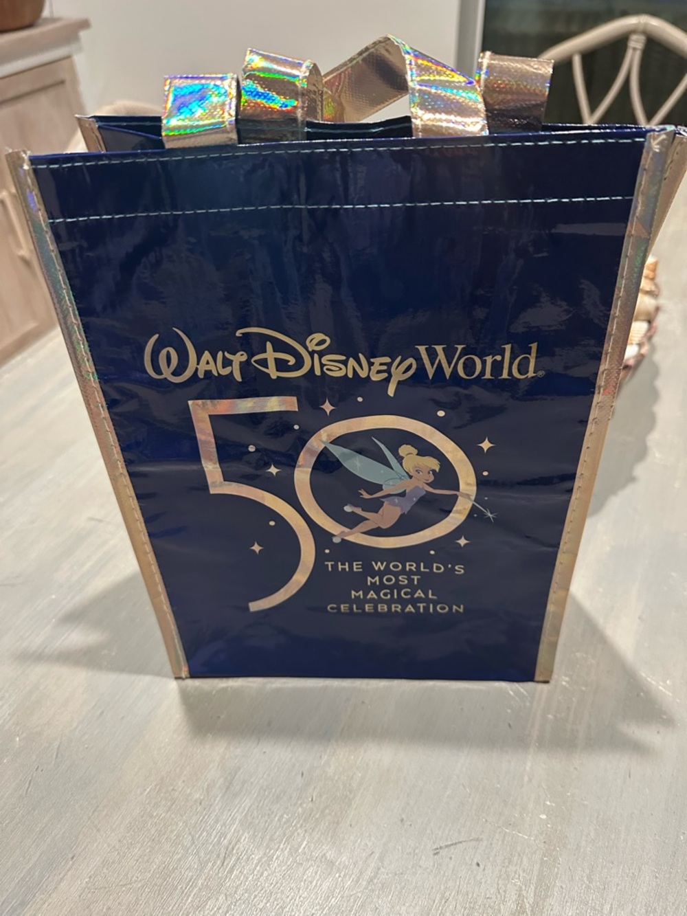 Disney Navy Blue & Holographic Gold 50th Anniversary Tinker Bell Tote